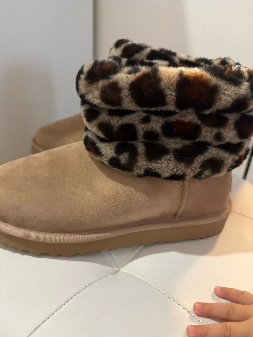UGG Tan Suede Ankle Boots with Leopard-Print Fur Cuff